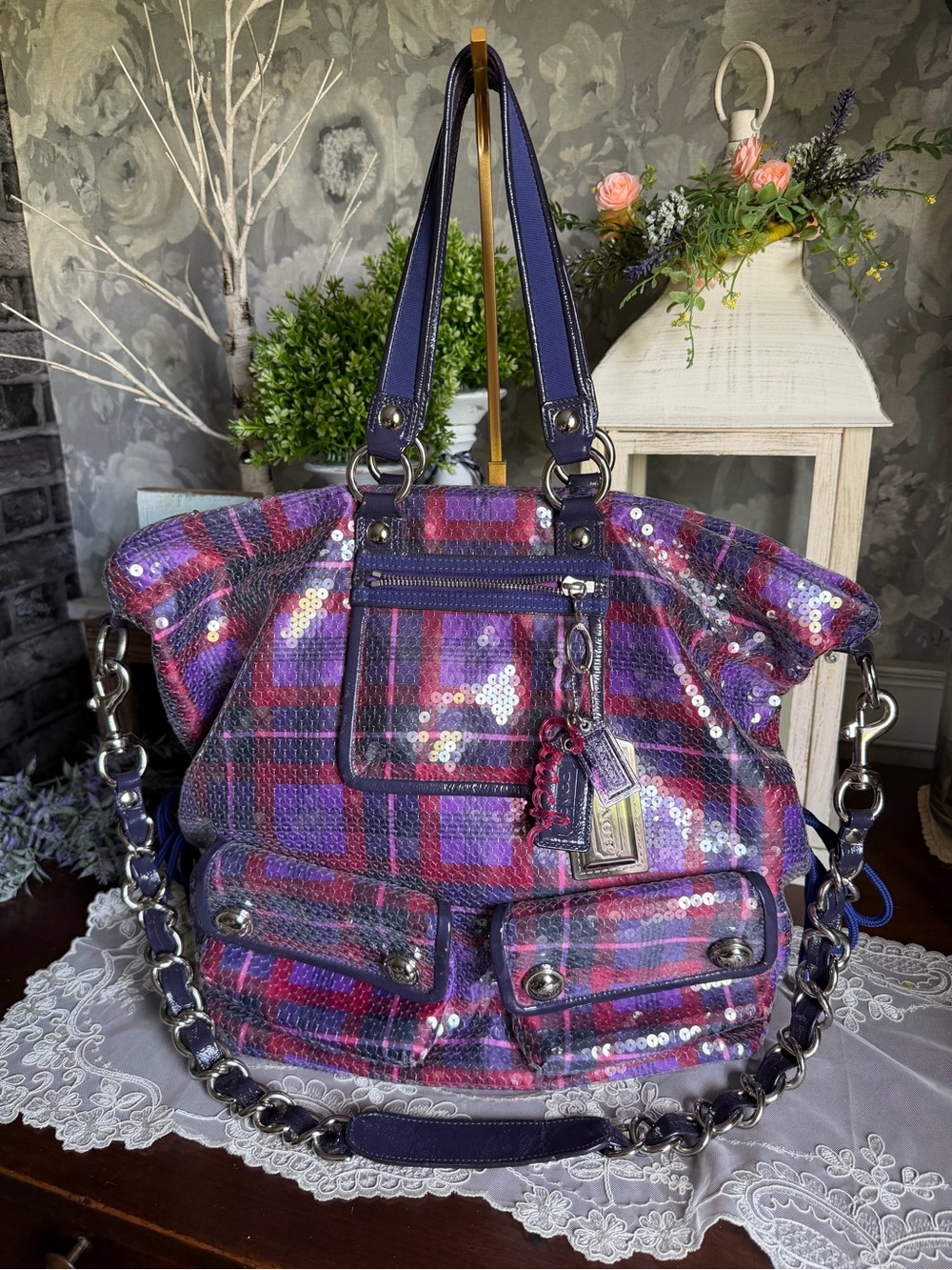 Y2K Coach POPPY Sequined Tartan Plaid XL Shoulder Bag in Purple and Pink 15890